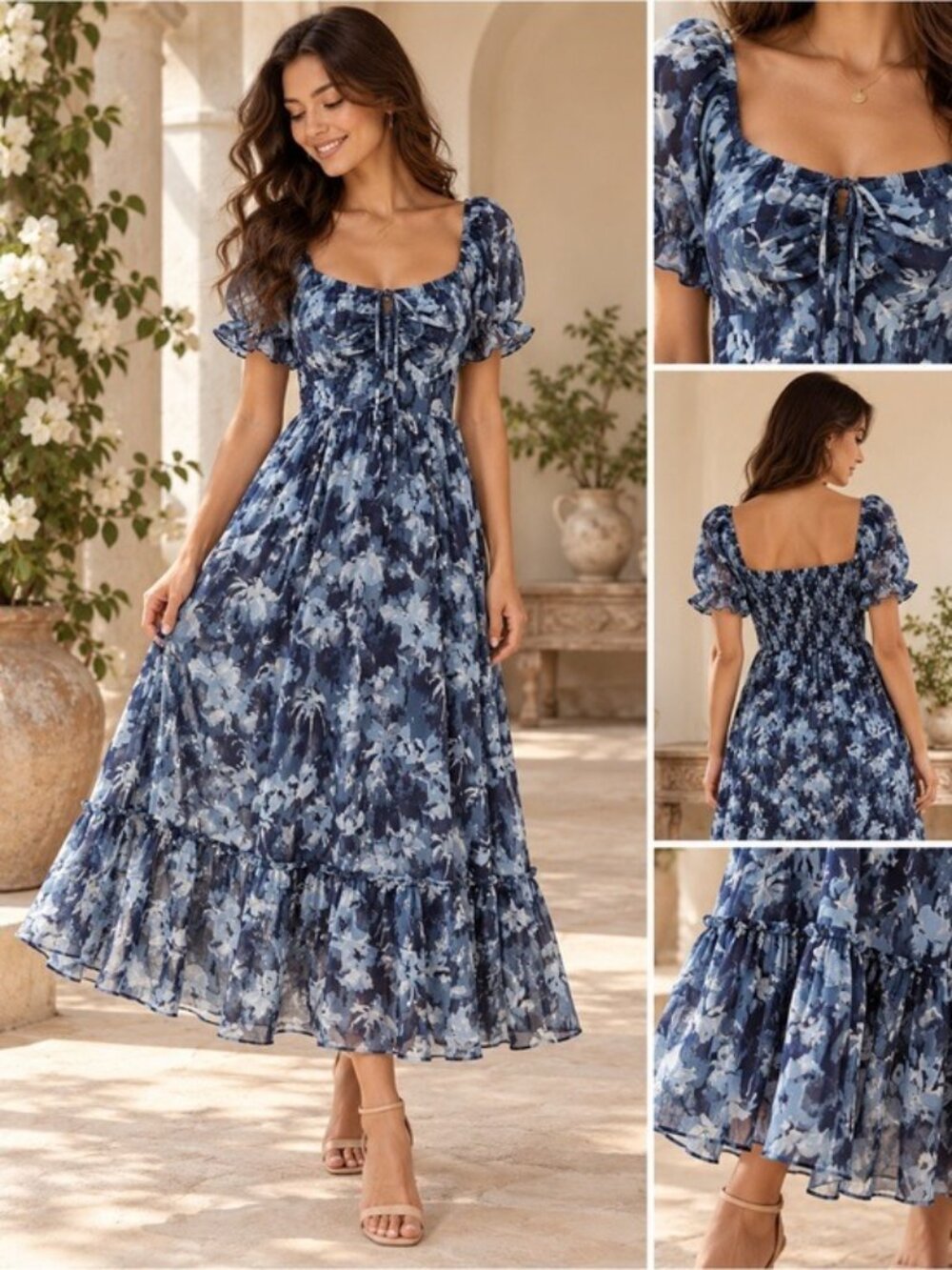 Scarlet Darkness Blue Floral Milkmaid Cottagecore Maxi Dress Puff Sleeve XL NWT